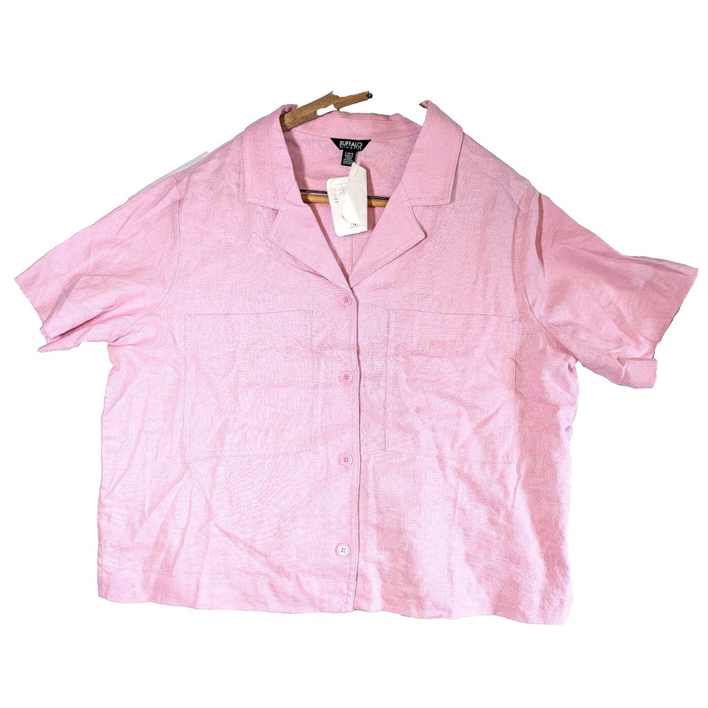 Buffalo David Bitton Women's Short Sleeve Linen Blend Blouse Button Up Top Large